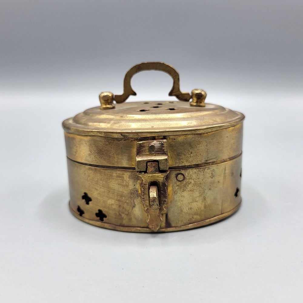 Vintage Brass Cricket Box Footed Oval Trinket Box with Handle and Hinged Lid